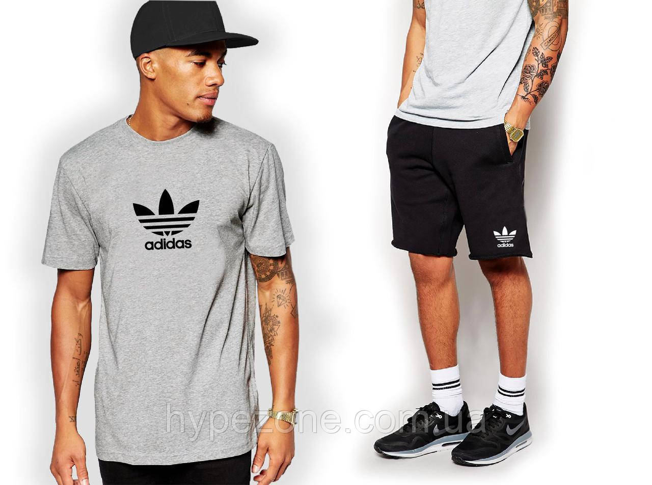 Чоловічий комплект футболка + шорти Adidas сірого і чорного кольору