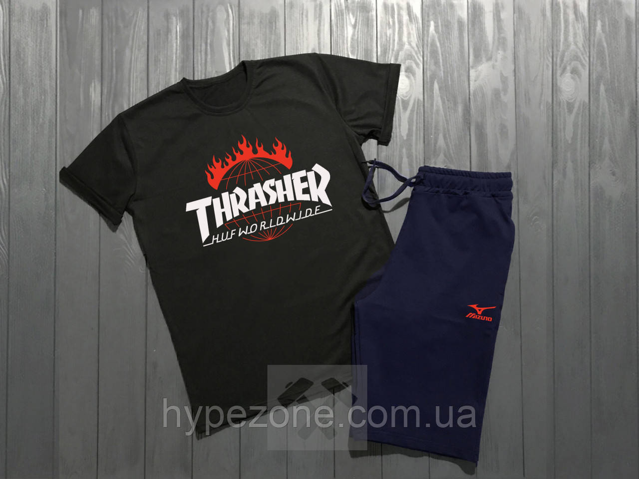 Чоловічий комплект футболка + шорти Thrasher чорного і синього кольору, фото 1