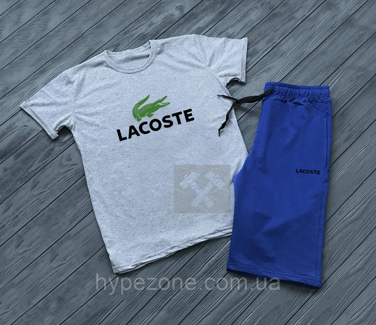 Чоловічий комплект футболка + шорти Lacoste синього і сірого кольору