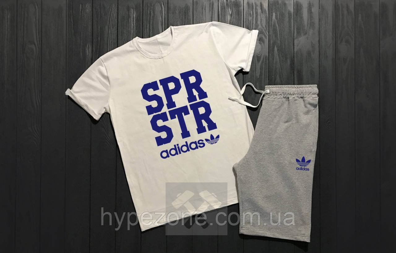 Чоловічий комплект футболка + шорти Adidas білого і сірого кольору