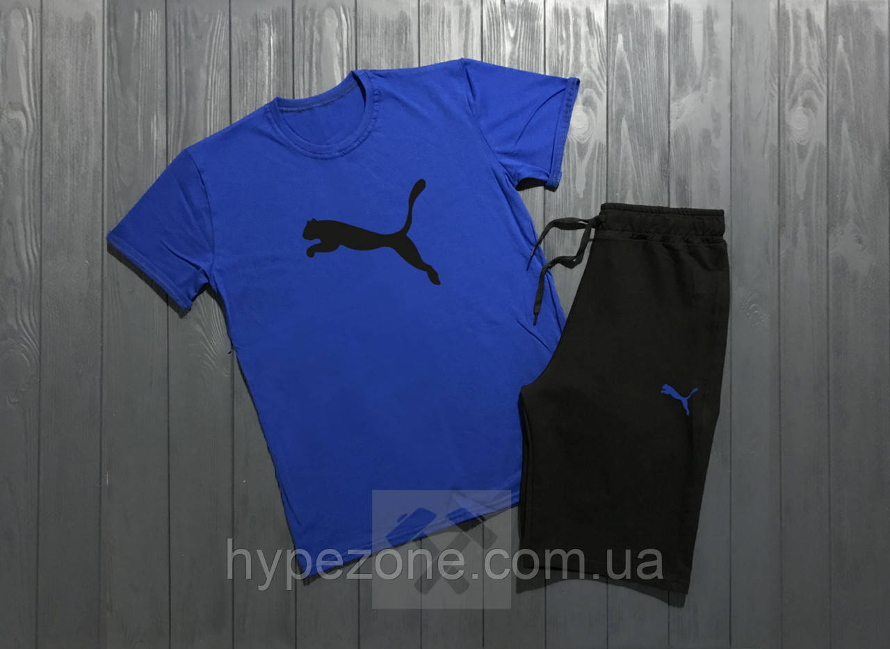Чоловічий комплект футболка + шорти Puma синього і чорного кольору, фото 1