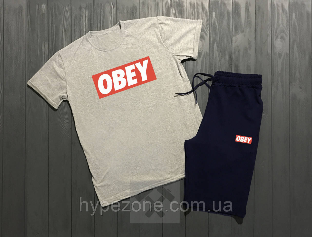 Чоловічий комплект футболка + шорти Obey сірого і синього кольору