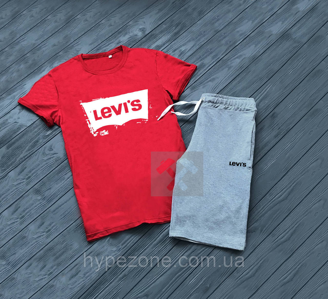 Чоловічий комплект футболка + шорти Levis червоного і сірого кольору