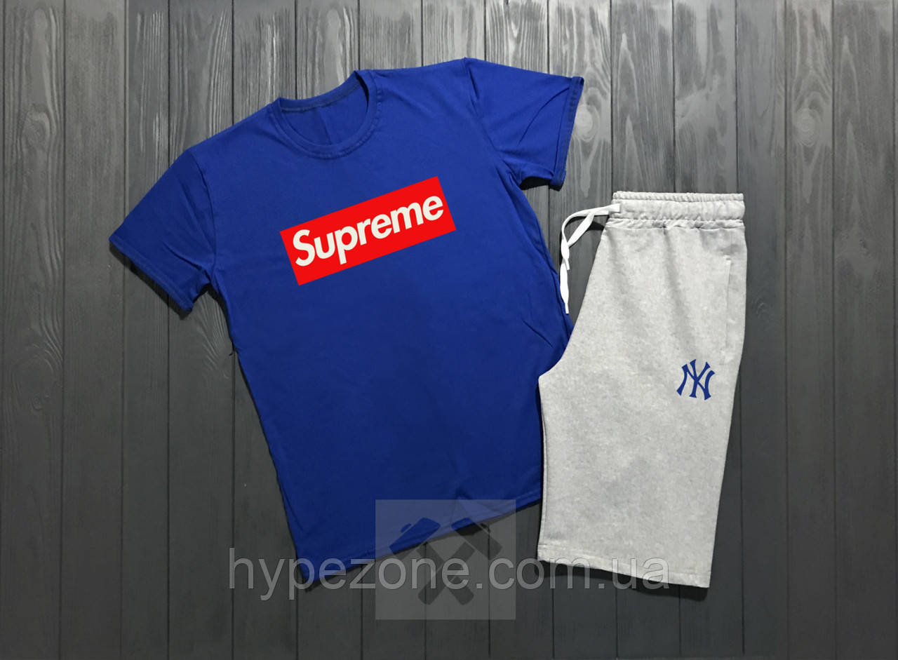 Чоловічий комплект футболка + шорти Supreme синього і білого кольору