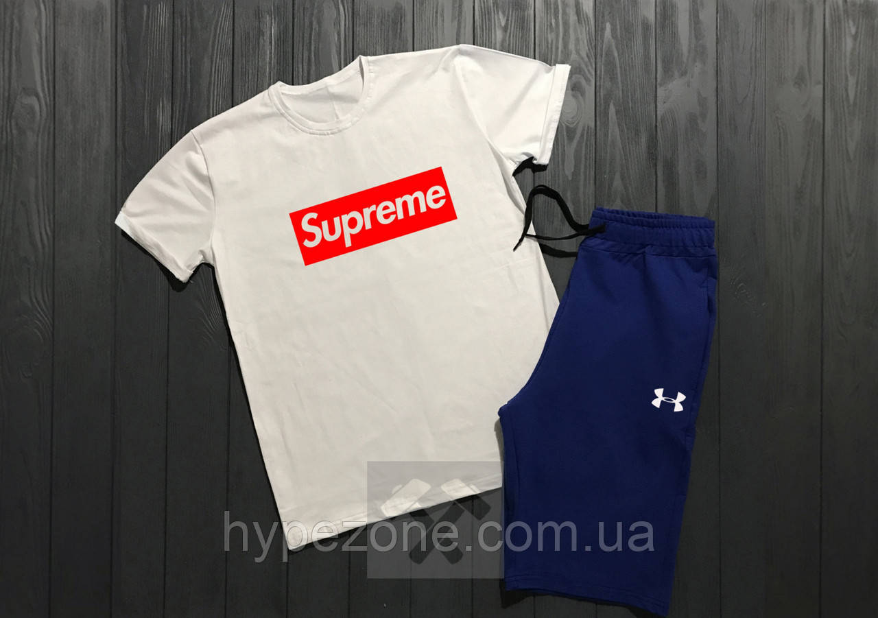 Чоловічий комплект футболка + шорти Supreme білого і синього кольору