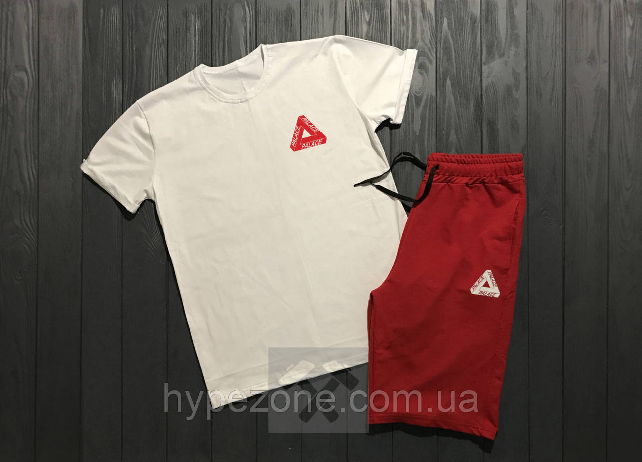 Чоловічий комплект футболка + шорти Palace сірого і червоного кольору