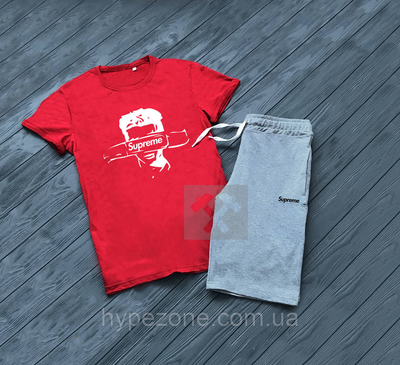 Чоловічий комплект футболка + шорти supreme червоного і сірого кольору, фото 1