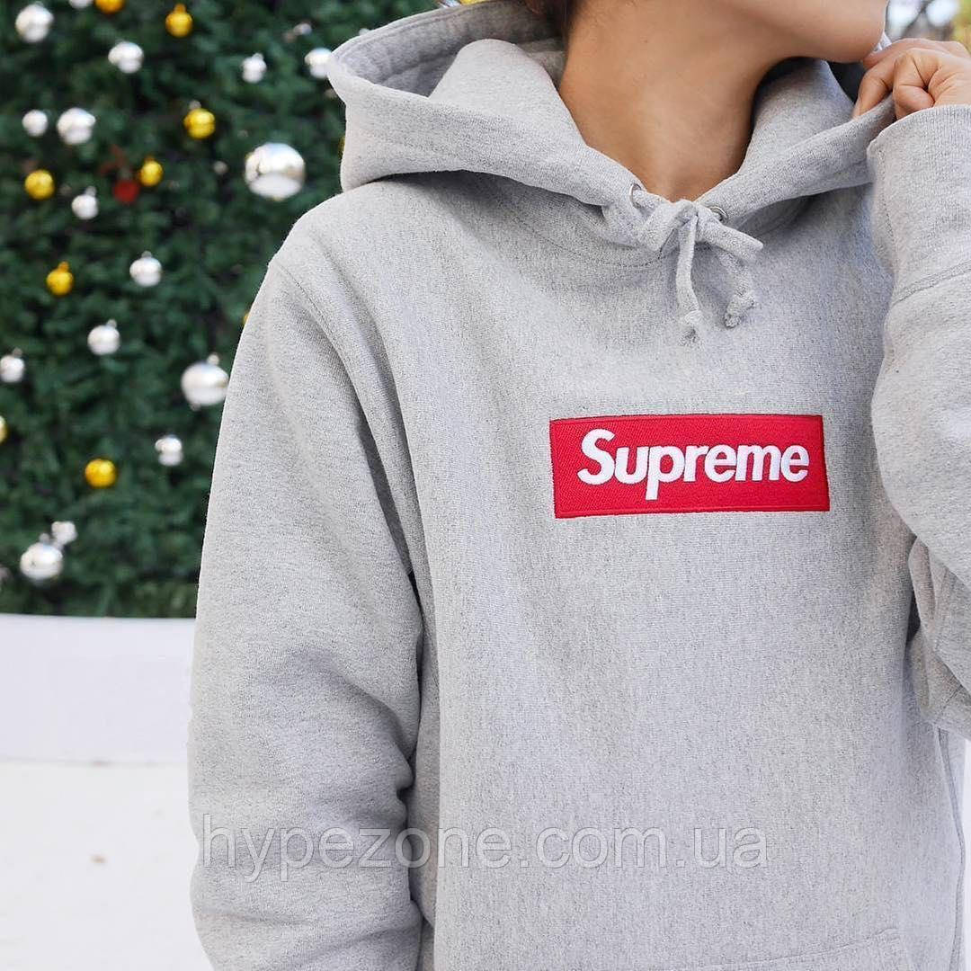 Толстовка Supreme HOODIE Худі Супріме жіноча, чоловіча Кенгуру принт Сюприм сіра Кофта з капюшном Супреме