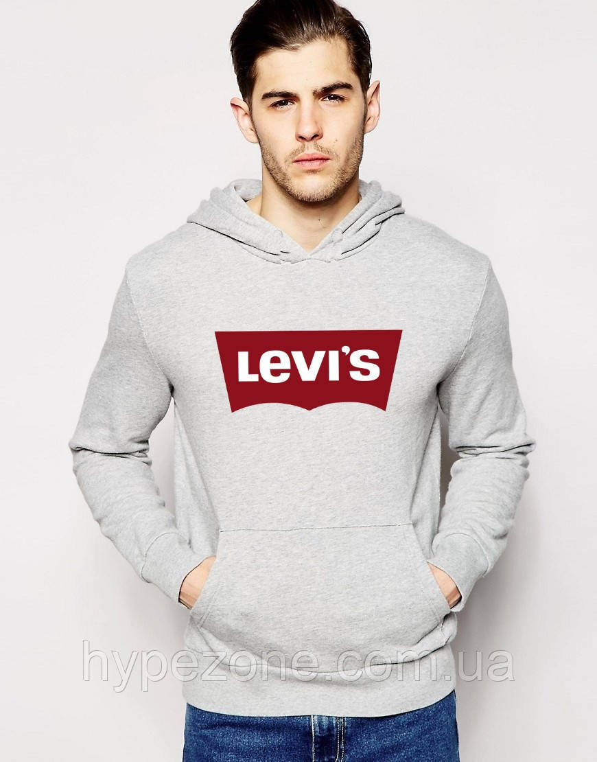 Толстовка Levis Чоловіча, Кенгуру Кофта з капюшоном Левіс сіра червоний принт, Худі Ливайс Літнє \ Зимове х \ б