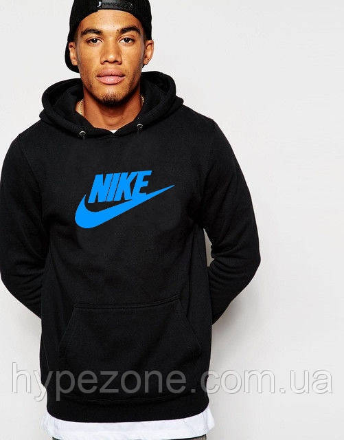 Худі Nike ( Найк ) | Чоловіча толстовка | Кенгурушка чорна, синій принт