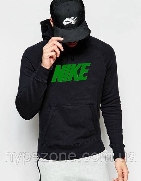 Худі Nike ( Найк ) | Чоловіча толстовка | Кенгурушка чорна, зелений принт, фото 1