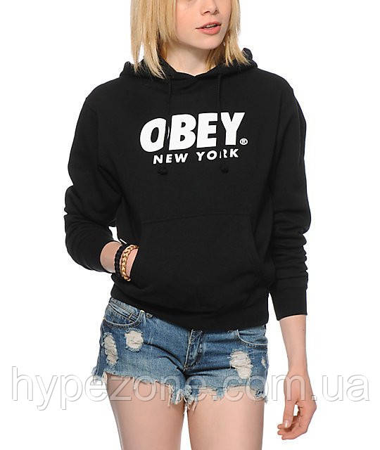 Худі чорна жіноча з принтом Obey Font NYC Толстовка