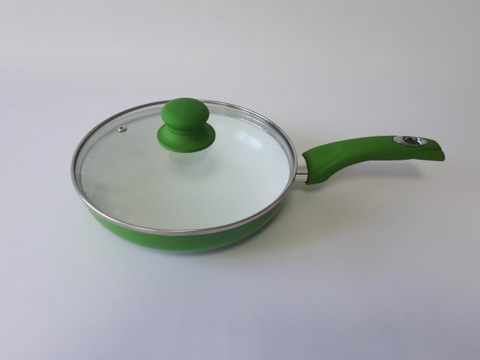 Сковорода для жарки с антипригарным керамическим покрытием со стеклянной крышкой зеленая D 22cm H 5cm L 38cm - фото 1 - id-p438599055