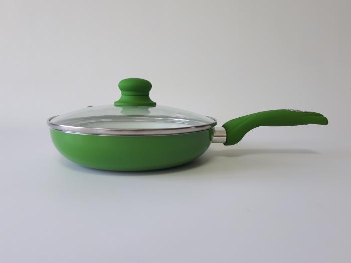 Сковорода для жарки с антипригарным керамическим покрытием со стеклянной крышкой зеленая D 22cm H 5cm L 38cm - фото 2 - id-p438599055