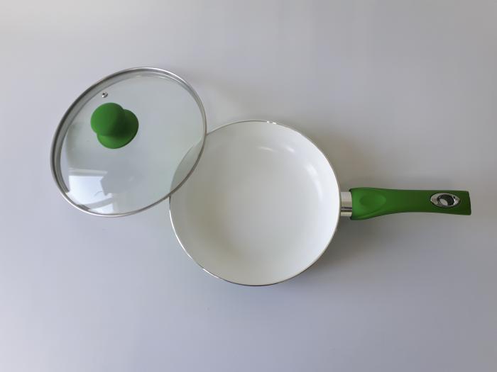 Сковорода для жарки с антипригарным керамическим покрытием со стеклянной крышкой зеленая D 22cm H 5cm L 38cm - фото 3 - id-p438599055