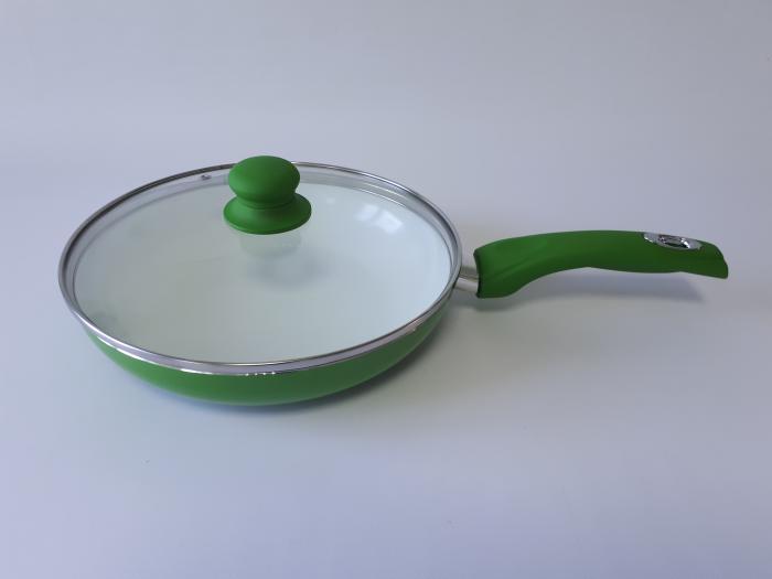 Сковорода для жарки с антипригарным керамическим покрытием со стеклянной крышкой зеленая D 26cm H 5cm L 45cm - фото 1 - id-p438599063