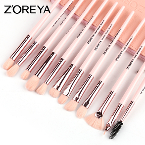 Набір пензлів Zoreya 12 штук Makeup Brush (рожевий чохол на блискавці)