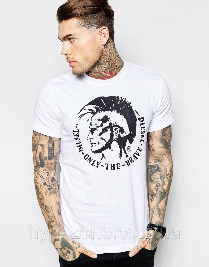 Чоловіча Футболка Diesel біла чорна T-Shirt T-Ulysse Mowhawk Print Футболка в стилі Дизель трикотажна бавовна
