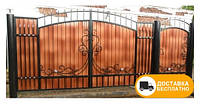 Ворота и калитка с коваными элементами и профнастилом, код: Р-0128