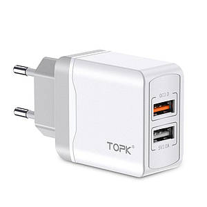 Блок живлення адаптер на 2 USB TOPK B244Q. Швидке заряджання Qualcomm Quick Charge 3.0 White Білий