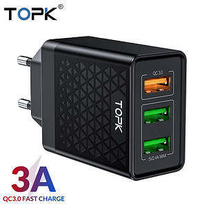 Блок живлення адаптер на 3 USB TOPK B348Q. Швидке заряджання Qualcomm Quick Charge 3.0 Black Чорний