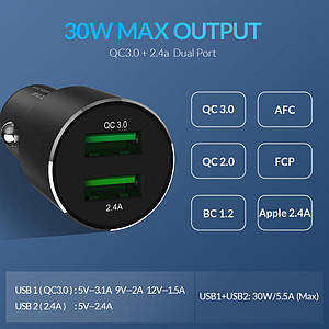 Автомобільний зарядний пристрій Topk Quick Charge 3.0 30 W 2xUSB Black G207Q