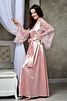 Атласный халат в пол с кружевным рукавом цвет Королевский Розовый от XS до XXXL