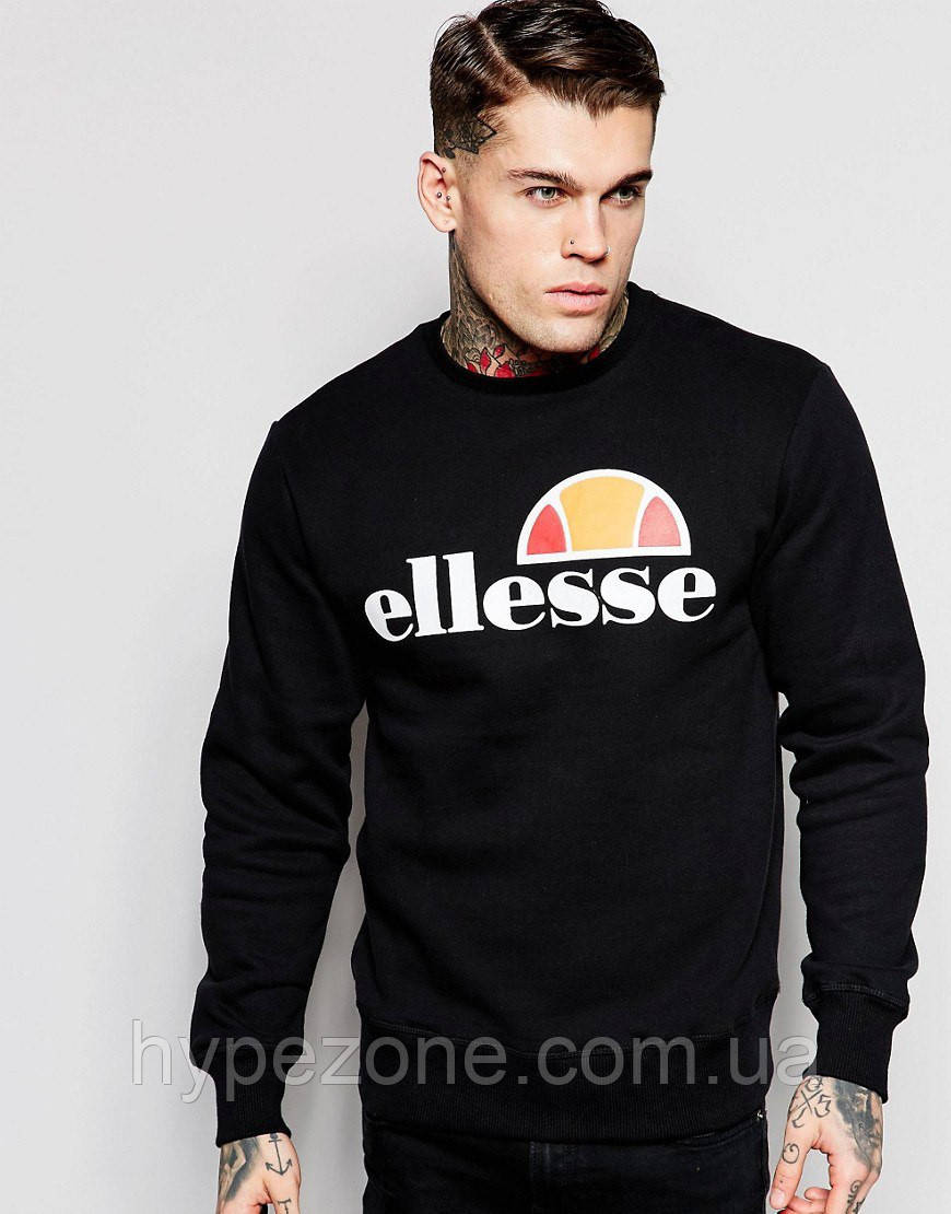 Свитшот Чоловічі Ellesse вільний, Толстовка Еліс бавовняна, Кофта трикотажна принт Елліс чорна з манжетами