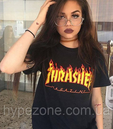 Футболка Thrasher Magazine жіноча Трешер Футболка Чорна помаранчеве лого з вогнем в стилі Трешер, підліткова, фото 1