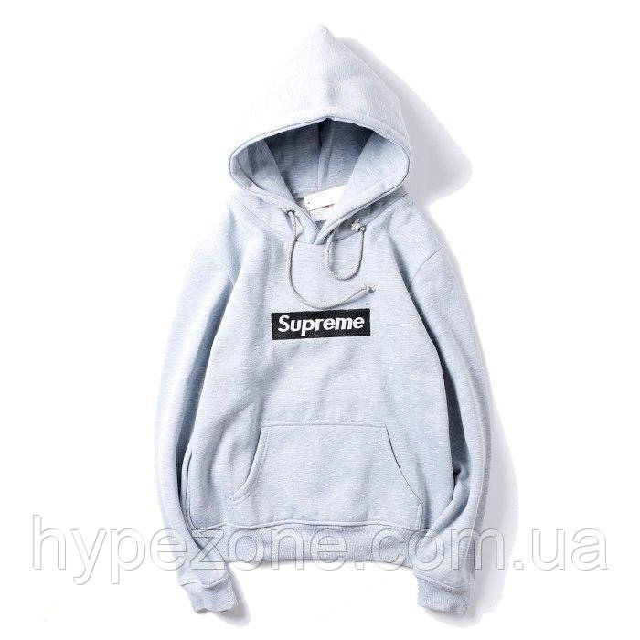Худі Supreme Black logo сіре Світшот з капюшоном Супрем Кофта з принтом Сюприм Кенгуру трикотажне