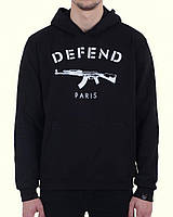 Кофта Defend, Толстовка Дефенд чоловіча з капюшоном чорна,Худі Дефенд з кишенею кенгуру трикотажна, Бавовна
