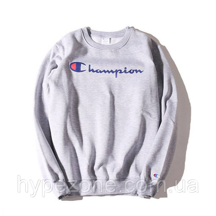 Світшот Champion Sweatshirt чоловічий спортивний, Толстовка з принтом Чемпіон Кофта сіра з манжетами бавовняна, фото 1