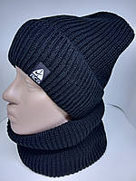 Комплект (шапка + баф) на флісовій основі, шапка та шарф зима темно-синій меланж