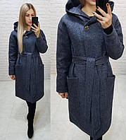 Утеплённое кашемировое пальто на утеплителе с капюшоном,арт 176, цвет тёмно синий (5) 48