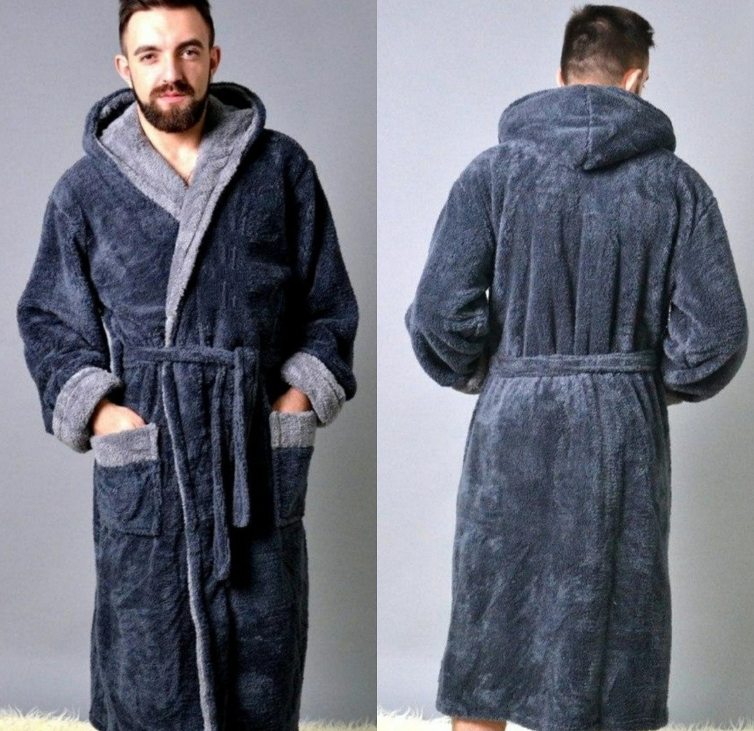 Чоловічий теплий пухнастий халат сірий, фото 1