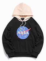 Кофта зимняя NASA черно-бежевая худи зимняя на флисе