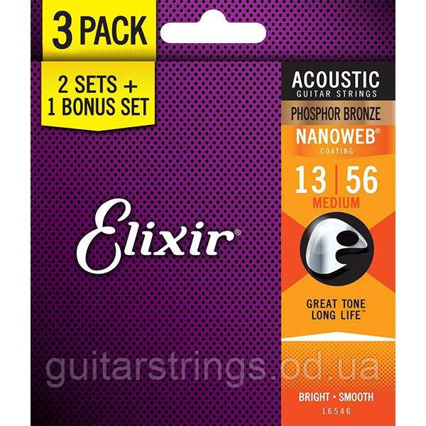 Струни Elixir 16546 Nanoweb Phosphor Bronze Medium 13-56 3 sets