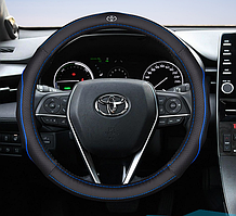 Чохол оплетка на кермо шкіряний для автомобіля з логотипом Toyota натуральна шкіра Чорний з синім прошивкою