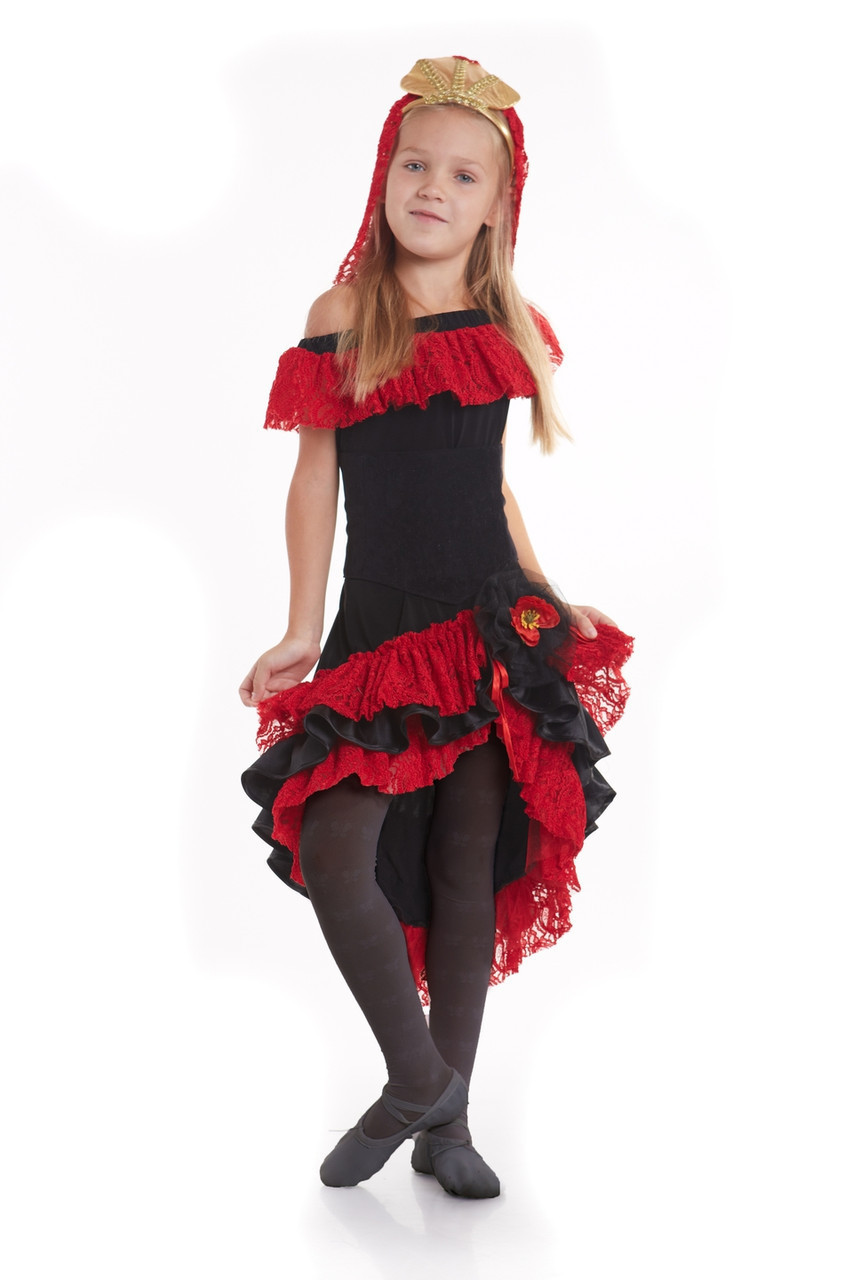 Дитячий карнавальний національний костюм для дівчинки «Іспанка» 120-135 см, чорно-червоний