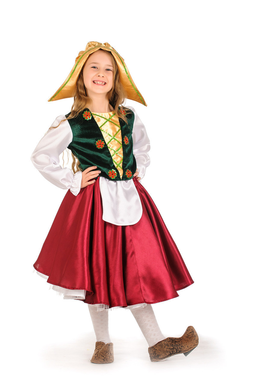 Дитячий карнавальний костюм для дівчинки «Герда» 115-125 см, червоний та зелений