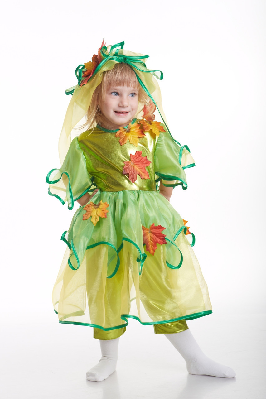 Дитячий карнавальний костюм для дівчинки «Осінній лист» 100-115 см, жовтий та зелений