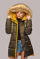 Стильная зимняя куртка Лиза с мехом 44-56 размера хаки с бежевым