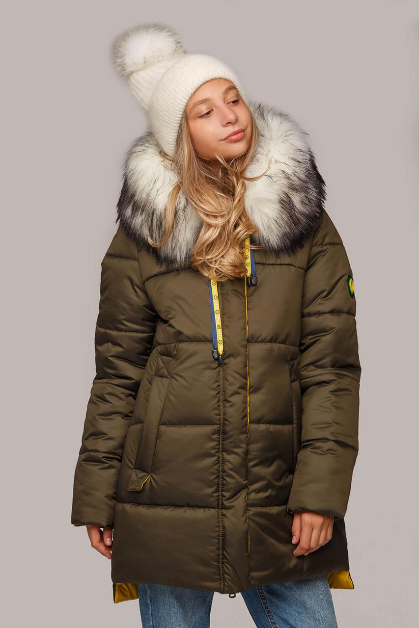 Стильная зимняя куртка Лиза с мехом 44-56 размера хаки с белым - фото 2 - id-p1080687483