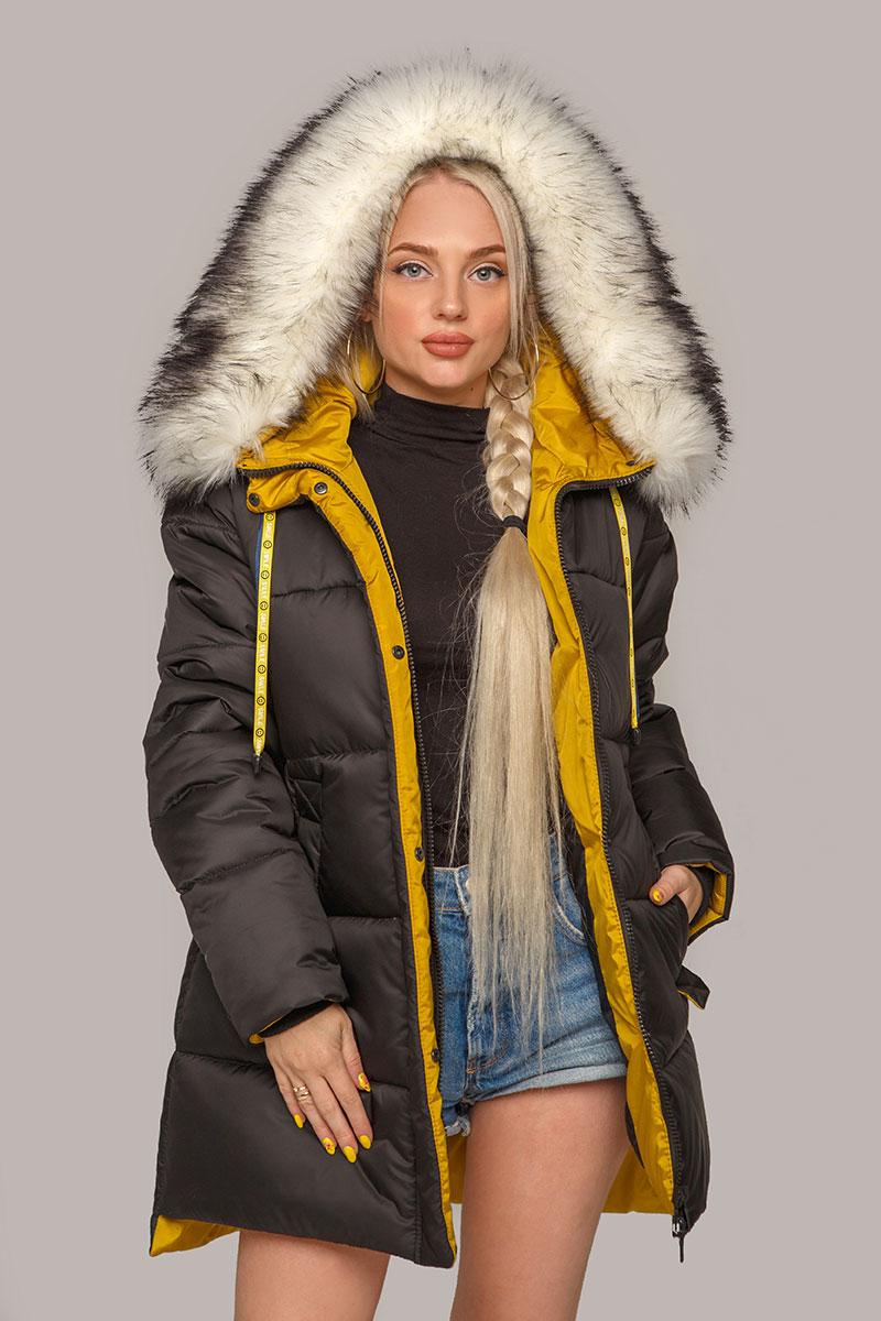 Стильная зимняя куртка Лиза с мехом 44-56 размера хаки с белым - фото 4 - id-p1080687483