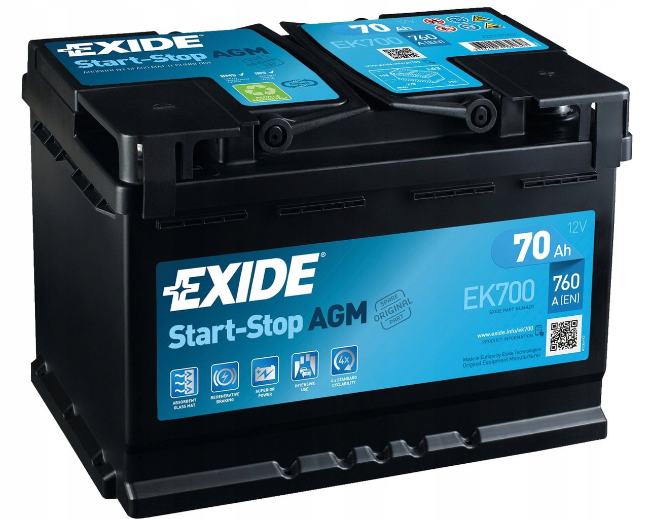 Акумулятор автомобільний EXIDE AGM 70 Ah (R+) (760A) EK700