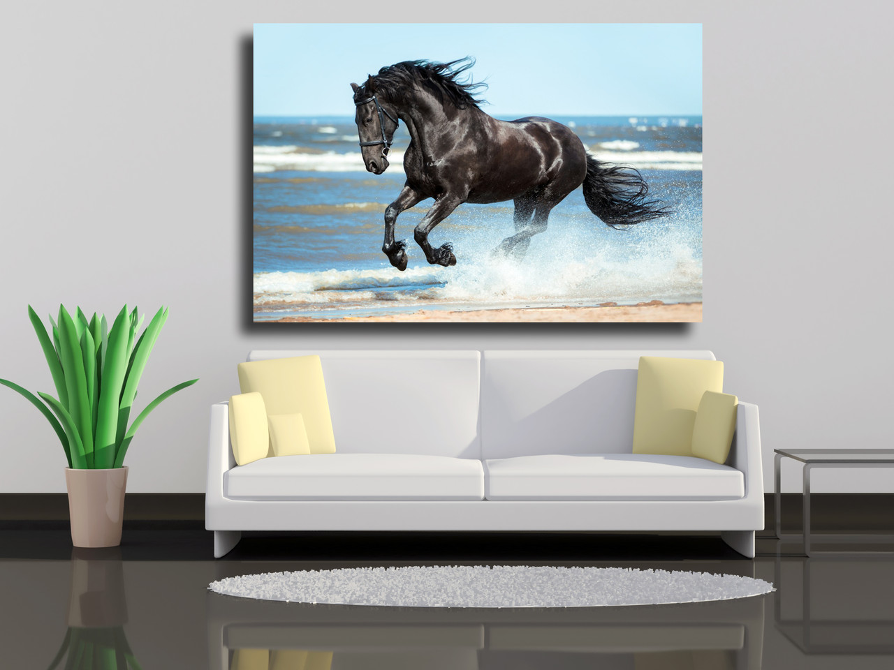 Картина на полотні "Чорний кінь біжить по воді"