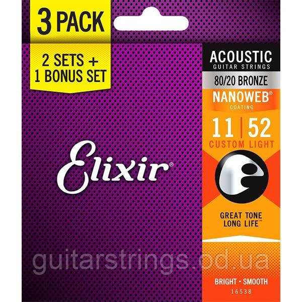 Струни Elixir 16538 Nanoweb Bronze Custom Light 11-52 3 sets