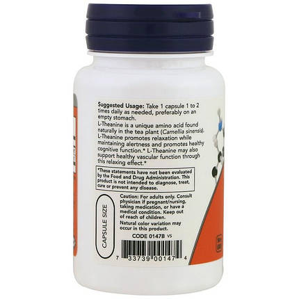 NOW Foods L-Theanine 200 mg 60 VCaps, фото 2