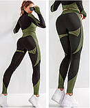 Розмір M (46) Ексклюзивний чорний з зеленим жіночий комплект для занять спортом, рашгард і лосини, фото 8