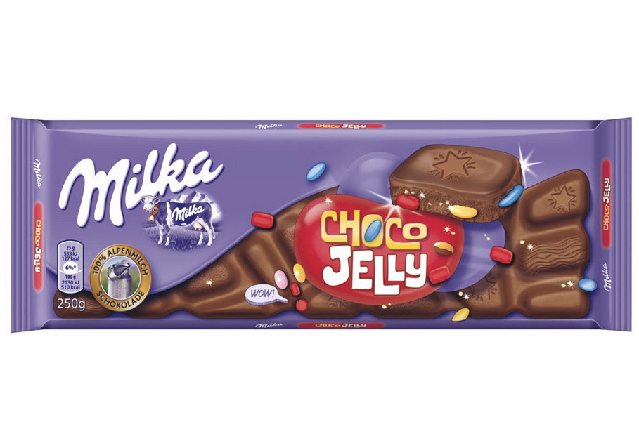 Milka Choco Jelly Молочний шоколад із залозками, шоколадними драже та карамеллю, що лопатується, 250g, фото 1